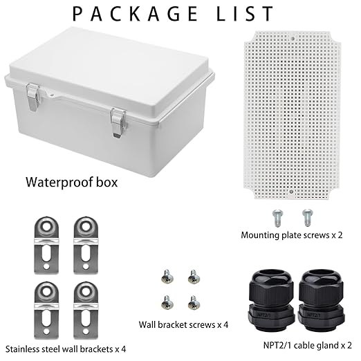 Waterproof Electrical Box with Mounting Plate, IP67 Junction Box Stainless Steel Latch Hinged Grey Cover Project Enclosure with Wall Bracket and 2 Glands 10.2" x 6.3" x 3.9"