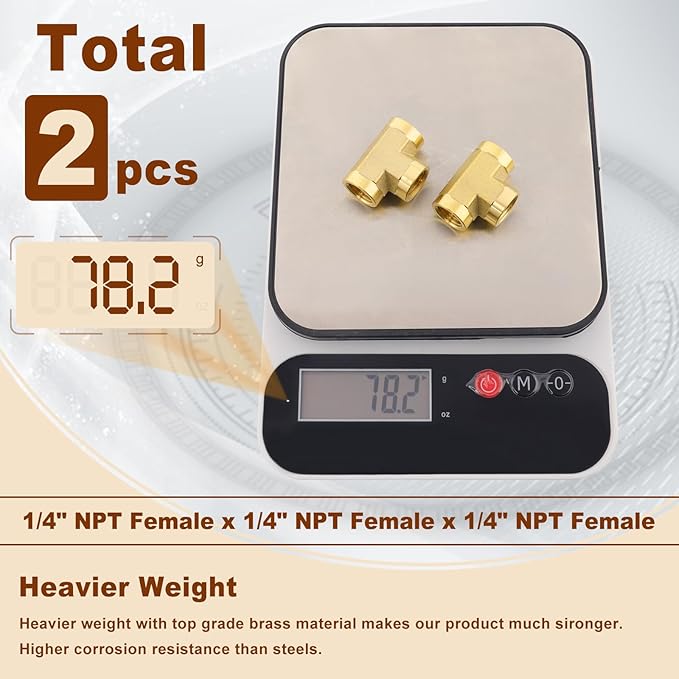 2pcs 1/4" Brass Tee Fittings 1/4" NPT Female Pipe to 1/4" NPT Female Pipe to 1/4 Inch NPT Female Brass Barstock Street Tee Pipe Fittings 3 Way Forged Brass Fittings