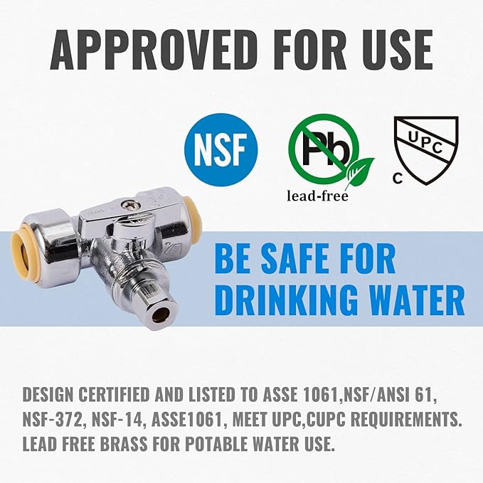 SUNGATOR Service Tee Stop Valve, 1/2 Inch Ptc x 1/2 Inch Ptc x 1/4 Inch Compression, No Lead 1/4 Turn Push Fit Water Valve Shut Off with Disconnect Clip, Push-to-Connect PEX, Copper, CPVC (2-Pack)