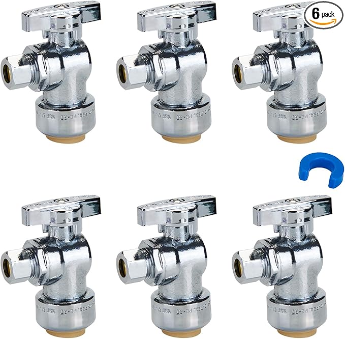 SUNGATOR 6-Pack Angle Stop Valve, Angle Water Shut Off Valve 1/2 x 1/4 Inch Compression, Toilet Water Shutoff, 1/4 Turn, No Lead Brass Push to Connect Plumbing Fitting, Pushfit, PEX Pipe, Copper, CPVC