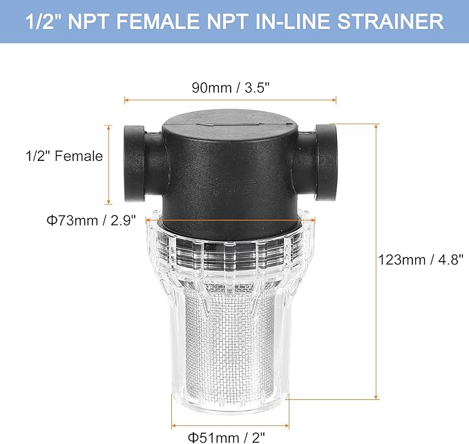 uxcell Pressure Washer Filter 1/2" NPT Female Thread, Inline Mesh Strainer Attachment, Stainless Steel Screen with Sealant Tape for Outdoor Gardening Inlet Water (Size:20 Mesh)