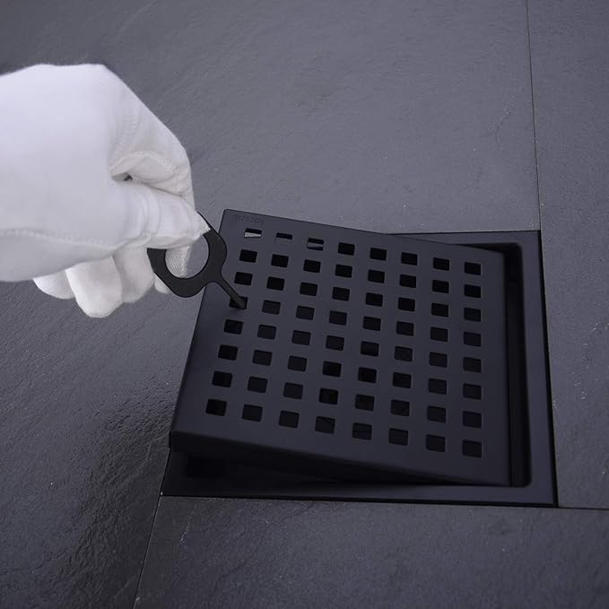 6 inch Stainless Steel Shower Floor Drain with Removable Grid Cover, Black