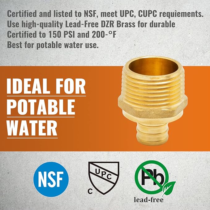SUNGATOR 3-Pack PEX 3/4" x 1" NPT Male Threaded Adapter Crimp Fitting, No Lead Brass