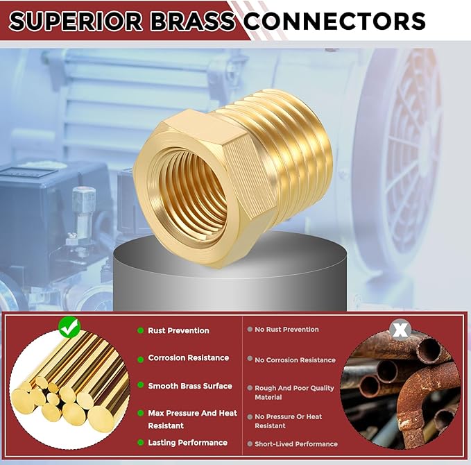 Packs of 2, 1/4" Male NPT to 1/8" FeMale NPT Solid Brass Hex Bushing, Hose Fittings Adapter Threaded Reducer Heavy Duty for Pipe Leak Repair, Bathroom Remodel, Compression