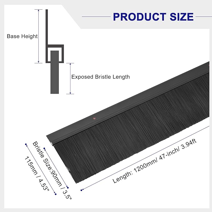 uxcell 2Pcs Door Brush Bottom Sweep H-Shape Aluminum Alloy Base with 3.5-inch PP Brush for Home, Industrial (47-inch L, Black)