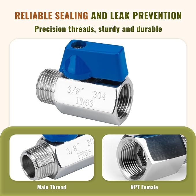 4Pack 3/8" Mini Ball Valve, 304 Stainless Steel Shut-Off Valve NPT Female x Male Thread Small Valves for Compact Space (4, 3/8 Inch)