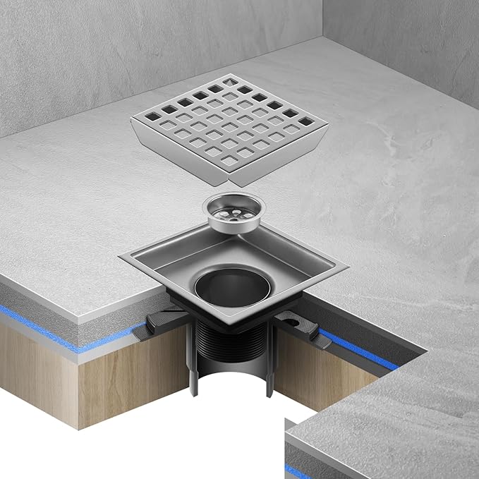 Shower Drain, Chrome 4 inch Square Shower Floor Drain with Flange, Silver Removeable Grid Panel SUS 304 Stainless Steel Square Shower Drain