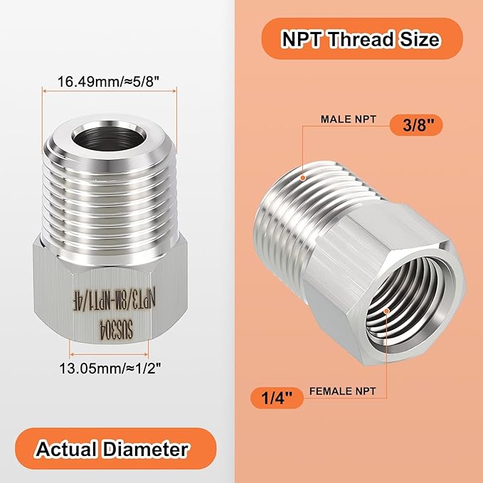 2 Pack 304 Stainless Steel Male to FeMale Adapters, 3/8" Male NPT x 1/4" FeMale NPT Hex Bushing Reducer for Industrial, Automotive, Fluid Transfer, Home Gardening, Water Treatment