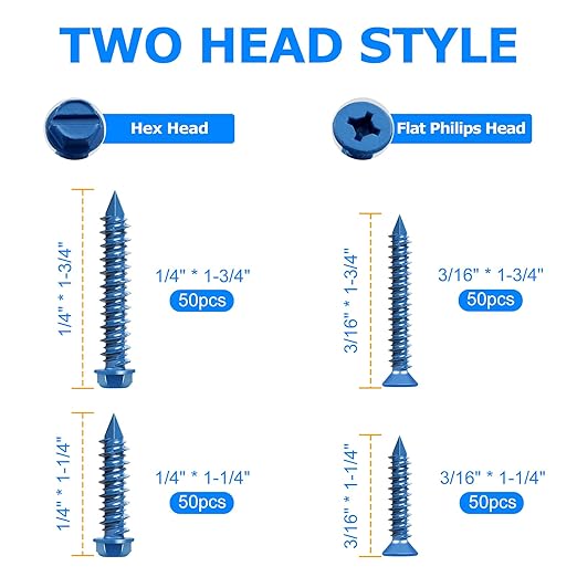 200PCS Concrete Screws Assortment Kit, 1/4 3/16 Masonry Screws with Drill Bit and Driver Bit, 4 Size Flat & Hex Head Cement Screws and Anchors, Diamond Point, Self Tapping Concrete Brick, Blue Coated