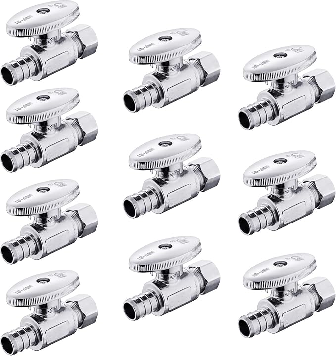(Pack of 10) EFIELD 1/4 Turn Straight Stop Valve 3/8" OD Compression X 1/2" Crimp Barb Pex Chrome Plated Brass,(VALVE085-10PCS)