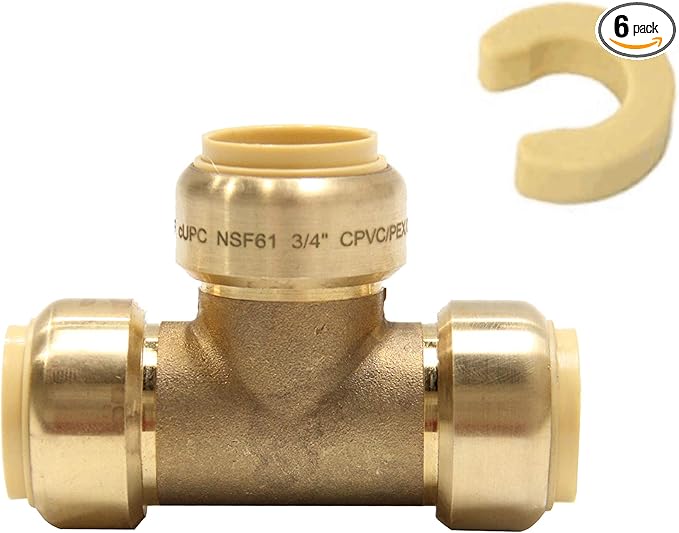 (Pack of 6) EFIELD 3/4 Inch Tee Push-Fit Fittings to Connect Pex, Copper, CPVC Pipe with a Disconnect Tool Clip,(PF159)