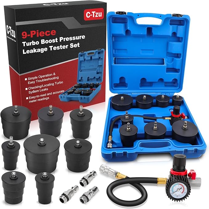 9-Piece Turbo Boost Pressure Leakage Tester Set Turbo System Leak Tester Kit with 4 Pairs of Step Adapters 1-3/8" (35mm) - 3-1/2" (90mm) and European Intake Port