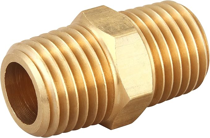 Brass Hex Nipple 1/4 Inch NPT x 1/4 Inch NPT Male Pipe Adapter, Thread 0.5" OD to 0.5" OD, (4 Piece)