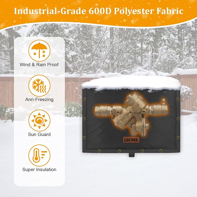 Backflow Preventer Insulated Cover (5°F) for Winter Freeze Protection, 21"W x 16"H Thickened Pressure Reducing Value & Well Pump Cover, Outdoor Waterproof Insulation Pouch for Sprinkler Valve, Black