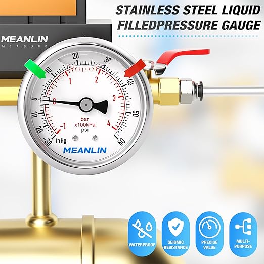 MEANLIN MEASURE -30inHG~60Psi Vacuum Pressure Gauge 1/8" NPT 2.5" FACE DIAL, Stainless Steel Liquid Filled Pressure Gauge WOG Water Oil Air Center Back Mount (with 2PCS Snaps)