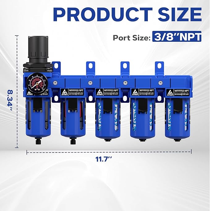 3/8'' NPT 5 Stage Air Dryer for Compressor,5 &0.01 Micron Filter Cartridge Air Drying System,Triple Desiccant Dryers & Air Regulator,Metal Bowl, Semi-Auto Drain,Industrial Grade-Blue