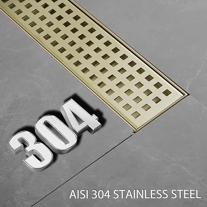 24 Inch Linear Shower Drain Bathroom Kitchen Golden Floor Drain Removable Capsule Pattern Cover Accessories Shower Drain 304 Stainless Steel Drain with Hair Strainer Adjustable Leveling Feet