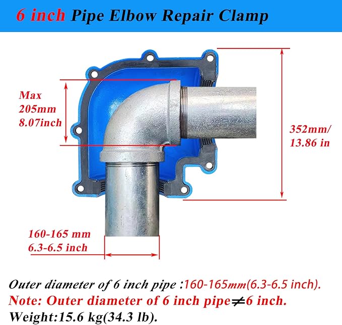Pipe Repair Clamp 6 Inch Pipe Elbow(Outer Diameter of The Applicable Pipe is about 6.3-6.5 inch),90 Degree Elbow Leak Sealer,Short Radius,PPR/PE/Iron Pipe,Threaded And Socket Connection Elbow
