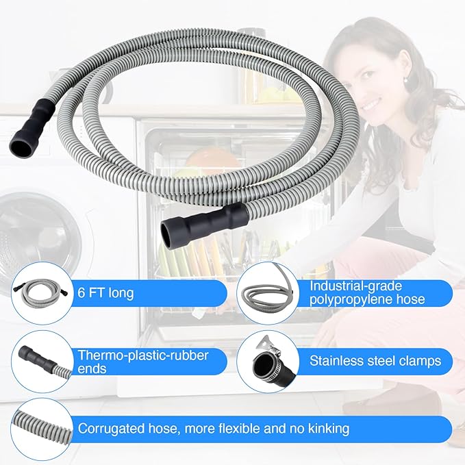 Universal Dishwasher Drain Hose - 6 Ft Corrugated Discharge Hose Flexible Dishwasher Replacement Drain Hose Extension with 2 Clamps,Fit 5/8"-3/4" and 1"