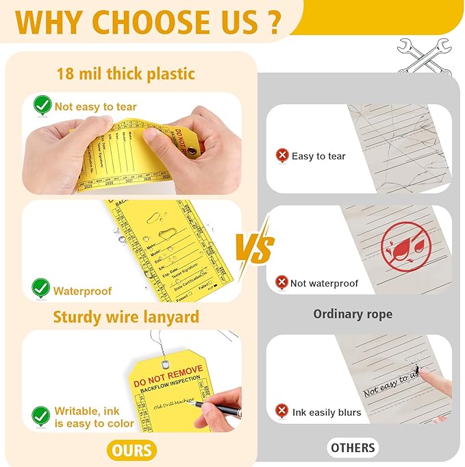 100 PCS Waterproof Backflow Inspection Tags 2.6 x 5.2 Inch Heavy Duty 18 Mil Writable Plastic Tags with Iron Wire & Pen Double-Sided Printing Pre-Punched Holes Maintenance Record for Backflow (Yellow)