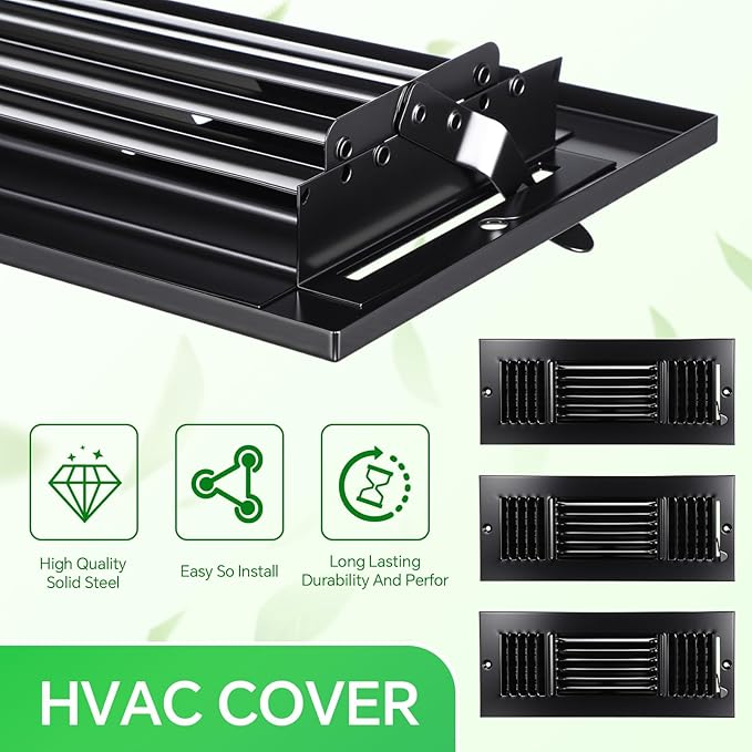 VIHOSE 3 Pcs Vent Covers HVAC Sidewall Air Ceiling Register 3 Way Vents for Wall Solid Steel Manual Adjuster for Bathroom Toilet Home Office (12 x 4 Inches,Black)