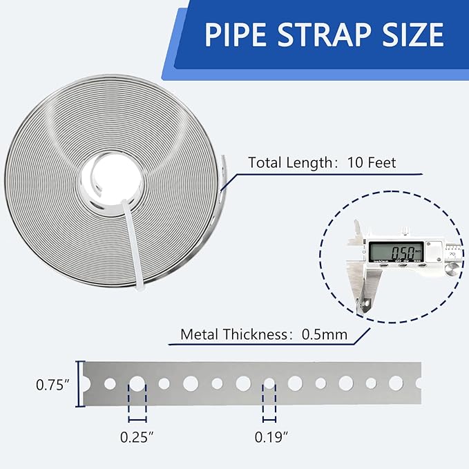 2 Pack Galvanized Metal Pipe Strap 3/4-Inch x 10ft Heavy Duty, 24 Gauge Silver Powder Coated Steel Strapping with 0.19" & 0.25" Holes for Pipe Support Hanging, Plumbing, HVAC, Duct Work, DIY Length
