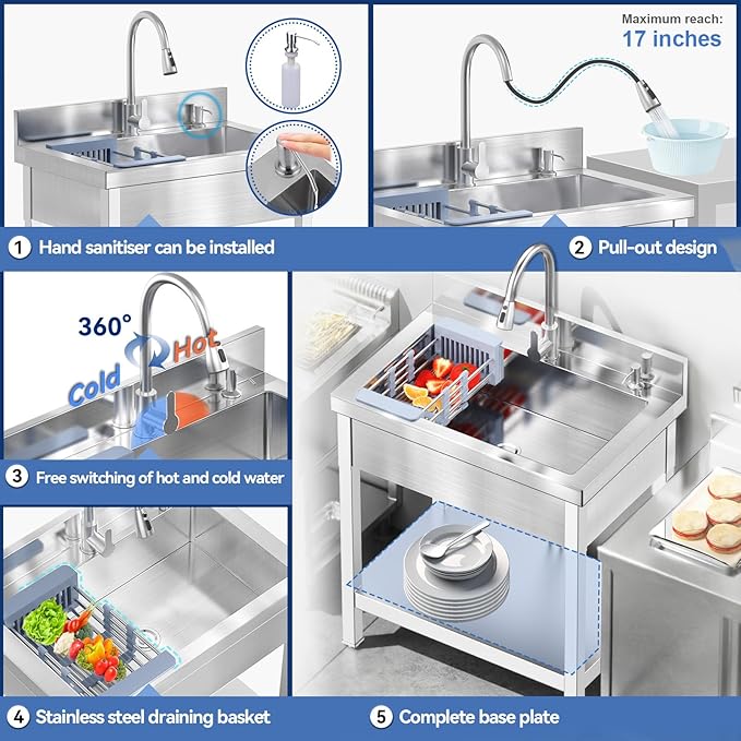 Stainless Steel Utility Sink, 28" Commercial Kitchen Single Bowl Sink with Cold and Hot Water Faucet,Hoses and Drain Kit,Complete Base Plate for Kitchens, Bathrooms, Laundry Room