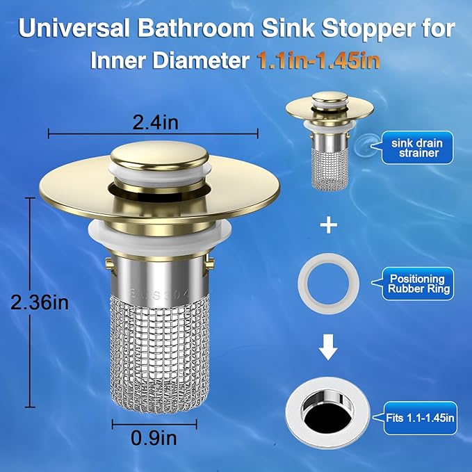 Sink Stopper Hair Catcher, Pop-up Sink Drain Strainer with Removable Stainless Steel Strainer Basket Hair Catcher, Bathroom Sink Strainer for Bathroom Sink Stopper Replacement(Brushed Gold-1PCS)