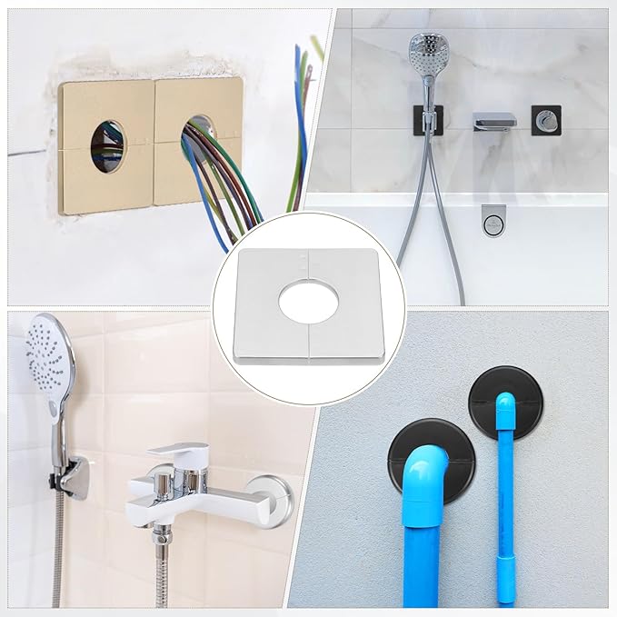 PATIKIL Wall Split Flange 86mm / 3.4" OD, 4 Pcs Square Escutcheon Plate Cover PPR Plumbing Cover Plates with Self-Adhesive Tape for 33mm / 1.3" Dia Water Pipe Faucet, Silver