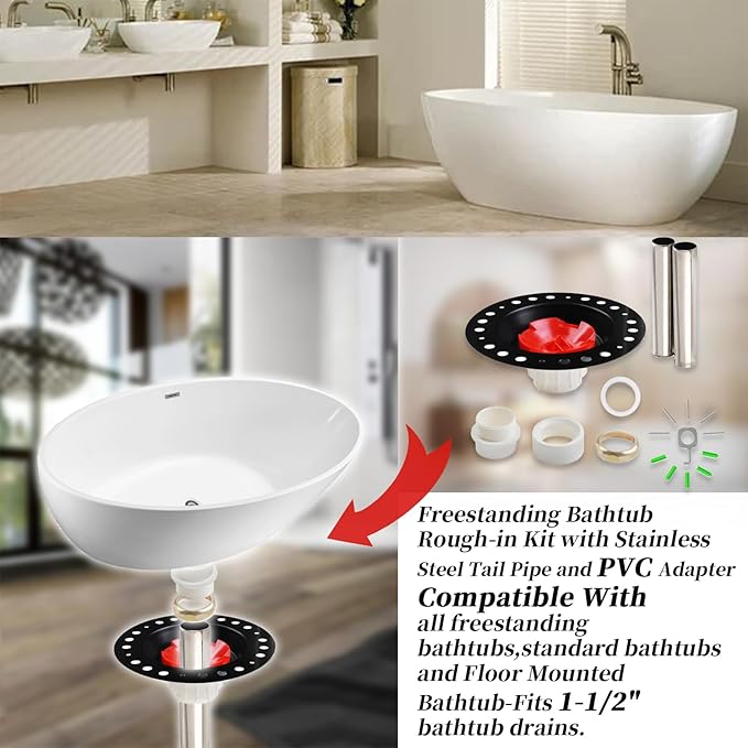 Freestanding Bathtub Rough-in Kit With Stainless Steel Tail Pipe and PVC Adapter Compatible with All Freestanding Bathtubs, Standard Bathtubs and Floor Mounted Bathtub - Fit 1-1/2" Bathtub Drains