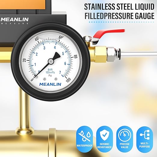 MEANLIN MEASURE 0~100Psi Stainless Steel 1/4" NPT 2.5" FACE DIAL,Liquid Filled Pressure Gauge, Center Back Mount (with Rubber Protective Sleeve), with 1/2" NPT and 3/8" NPT Hex Bushing
