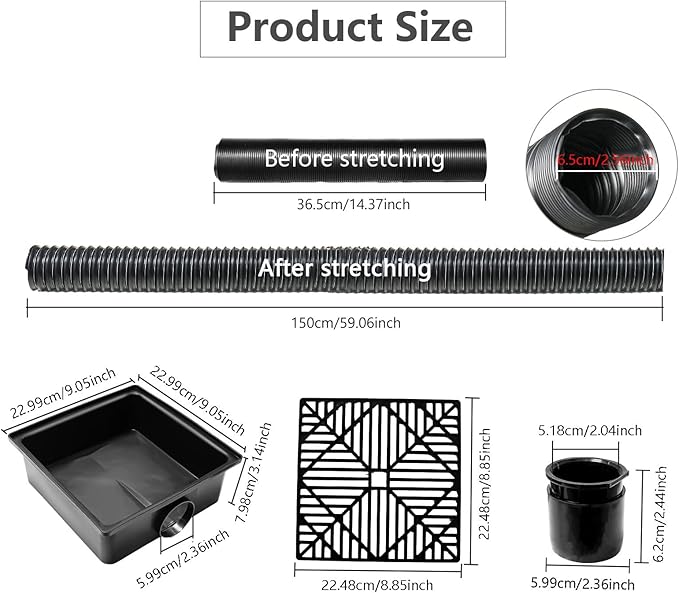 Low Profile Catch Basin Drain Kit Downspout Extender, 9"×9" Catch Basin Gutter Downspout Extensions with 2.56" ID Flexible Pipe, Pipe Stretched Length 5ft, Protect House Foundation