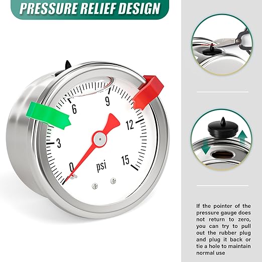 0-15PSI Stainless Steel Glycerin Filled Fuel Pressure Gauge 1.5" Dial Size, 1/8" NPT Back Mount, with 3/8" Barb Fuel Line Pressure Adapter, for Water, Oil, Air, Pressure Test