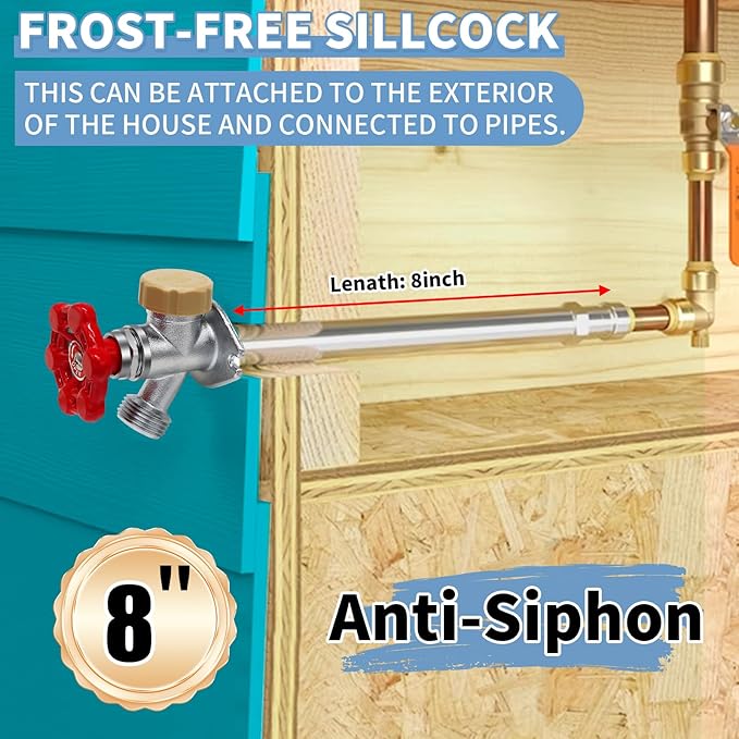 Boltigen 8inch Anti-Siphon Frost Free Proof Sillcock, No Lead Brass Outdoor Faucet Bib with Backflow Preventer, 1/2" Push-to-Fit Connector X 3/4 Inch Hose Bibb Spigot