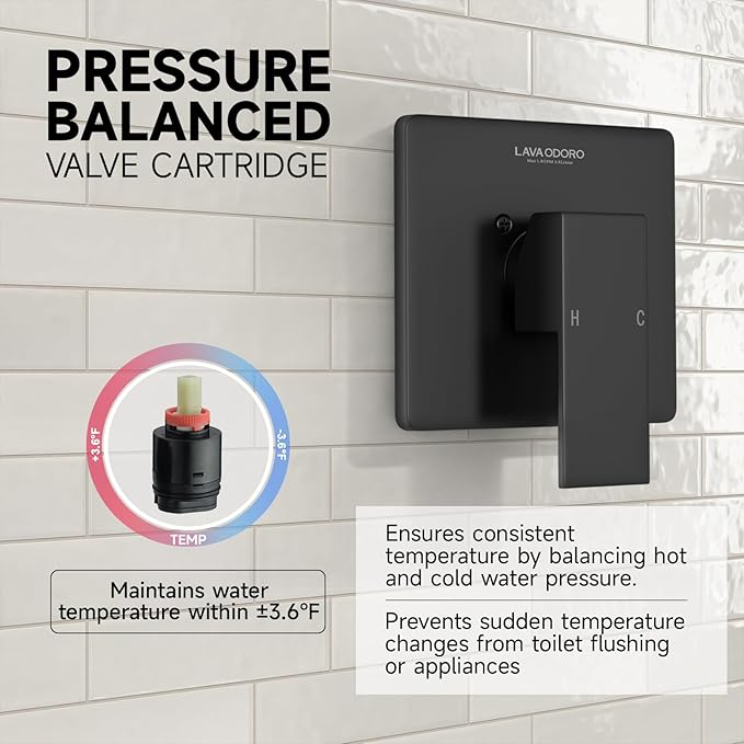Lava Odoro 12-inch Square Bathtub and Shower Faucet Set Matte Black, Shower Trim Kit with Rough-in Valve High Pressure Black Rainfall Shower Head and Handle Set, (Valve Included), SF106-MB-T