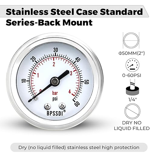 0-60 Psi Low Pressure Gauge, 2" Dial Size, 1/4 NPT Back Mount, Stainless Steel Case for Water Pressure Gauge Test for Water Pipe, HVAC(with Tape)