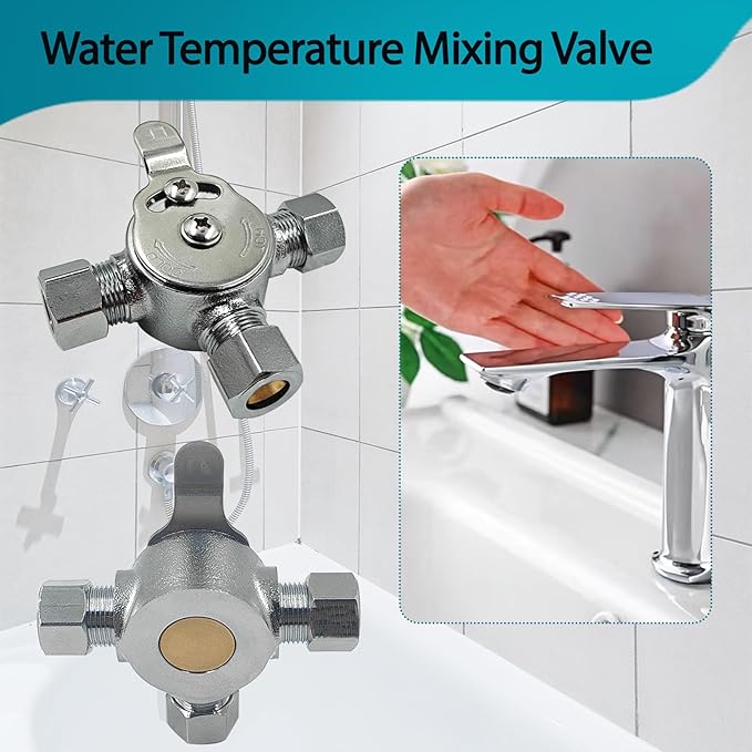 Water Mixing Valve, Hot Cold Water Mixer, Inlets and Outlet is 3/8"Inch, Manual Mixing Valve Hot and Cold Water Mixer, Compression Sleeve and Nuts Included