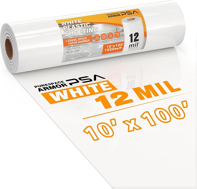 Crawl Space Vapor Barrier, 12 mil 10'x100', White Heavy Duty Plastic Sheeting - Thick Polyethylene Film, 12mil Crawlspace Liner, Drop Cloth Vapor Barrier Covering for Crawlspace and Basement