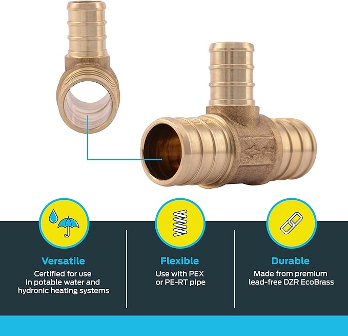 SharkBite 3/4 Inch x 3/4 Inch x 1/2 Inch Crimp Reducing Tee, Brass Plumbing Fitting, PEX Pipe, PE-RT, UC412LFA