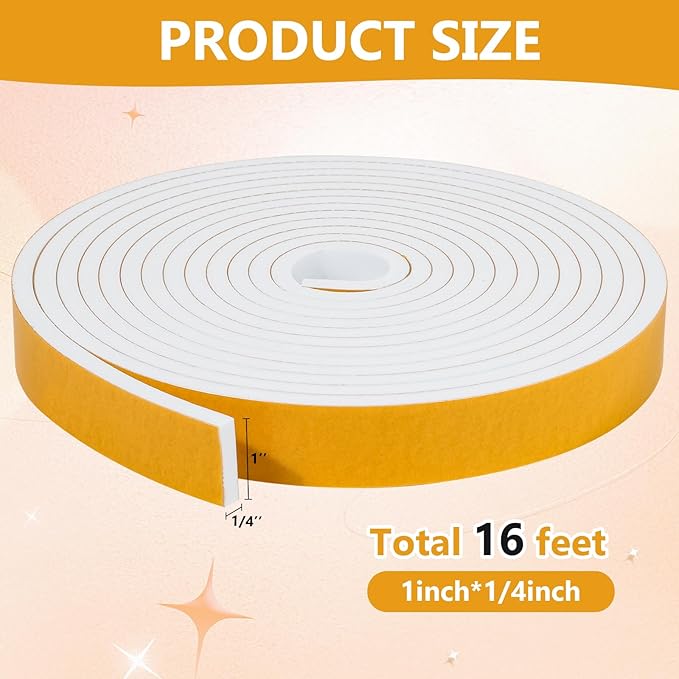 16Feet Weather Stripping Seal (1 Inch X 1/4 Inch) for Door Window, High Density Foam Tape, Soundproofing, Insulation Strip, Door Sealers for Door Frame- White