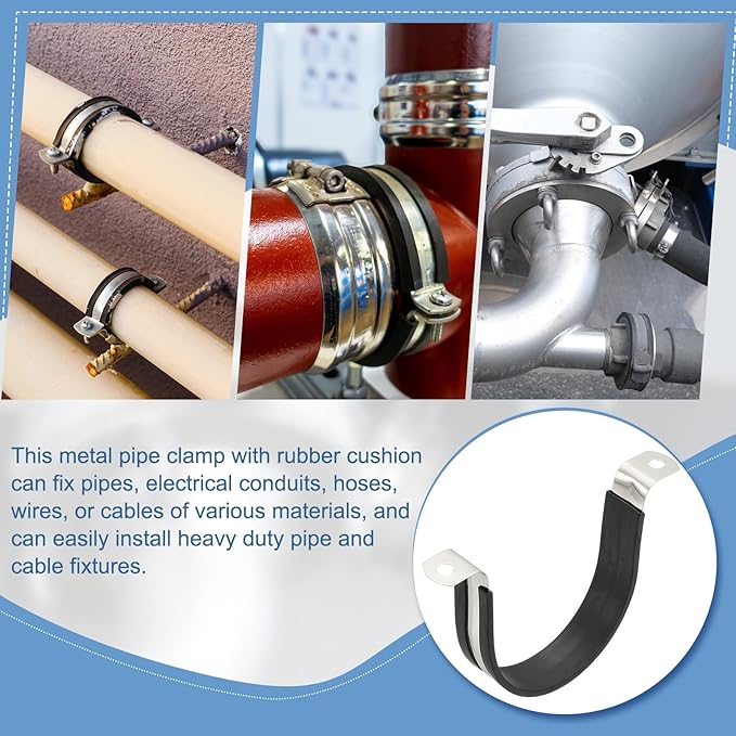 PATIKIL 12Pcs Pipe Clamps, 2-15/16 Inch 304 Stainless Steel Rubber Cushioned U Bracket Conduit Clamps Pipe Strap Wire Clips with Hexagonal Screw for Tube Hose Cord Installation, 74mm
