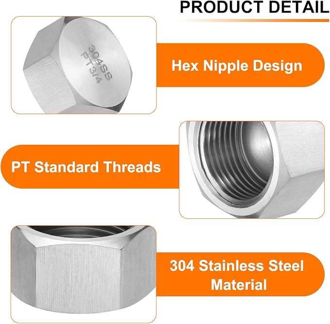 uxcell 2pcs Hex End Cap 304 Stainless Steel Nut with Washer, PT 3/4" Female Thread Pipe Fitting, Gas Line Water Line Stop Valve Cap Tubing Ends for Plumbing Fittings, Silver Tone