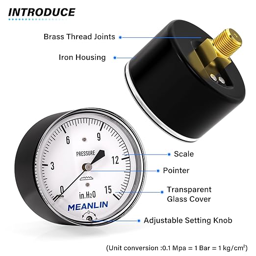 MEANLIN MEASURE 0-15 in H2O Diaphragm Type Capsule Low Pressure Gauge 1/4" NPT 2-1/4" FACE DIAL Adjustable Water Column Gauge, with 1/4" x 1/2" NPT and 1/4" x 3/8" NPT Hex Bushing, Back Mount