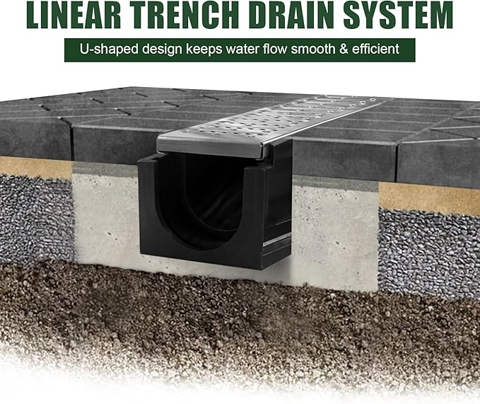 Channel Drain with 304 Stainless Steel Grate-39.4Lx6.1Wx5.5H in. Deep Profile Trench Drain System for Landscaping,3 Pack Total Length 118.2in,A15 Drainage System for Patio Commercial
