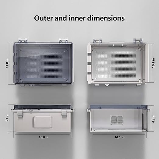 ABS Electrical Junction Box, Ventilated Design, Cable Grommets, IP65 Waterproof Enclosure, Indoor/Outdoor Use with Mounting Panel. (Clear Cover, 15.5"x11.5"x6.2")