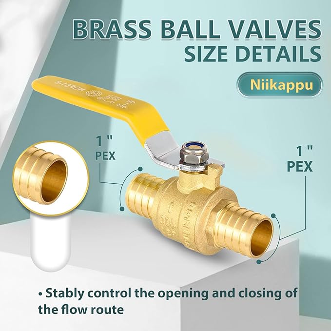 40 Pack Ball Valves, 1" Pex Crimp Shut Off Valve Yellow, Brass Full Port Pex B Shut Off Ball Valve for Hot and Cold Water, NSF/ANSI 61 Certified