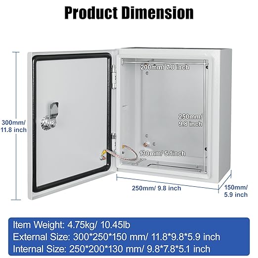 LeMotech Electrical Box 12 x 10 x 6 inch Junction Box, IP66 Waterproof Dustproof Steel Enclosure Wall-Mounted for Outdoor/Indoor Lockable with Equipment Mounting Plate