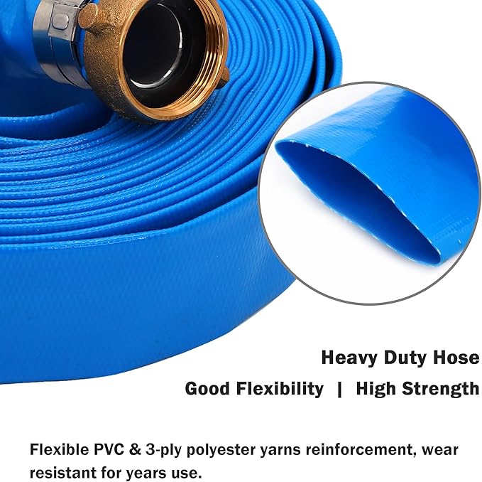 DAVCO 1.5" ID x 100 ft Pool Backwash Hose, Heavy Duty Reinforced Blue PVC Lay Flat Water Discharge Pump Hoses For Swimming Drain Pools and Clean Filters, with Brass NPT Pin Lug and KC Nipple Fittings