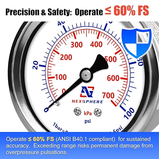 100 PSI Liquid Filled Pressure Gauge, 1/4 NPT Lower Mount, 2.5" Dial, 304 Stainless Steel Case, Glycerin Filled Plumbing Pressure Gauge, for Home Air/Oil/Water Pressure Test
