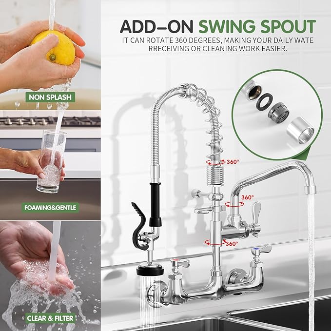 Commercial Sink Faucet,TOLSUNY Commercial Kitchen Faucet Wall Mount with Pre Rinse Sprayer,Wall Mounted Kitchen Sink Faucet for Industrial and Restaurant Sinks. (Classic, 21)